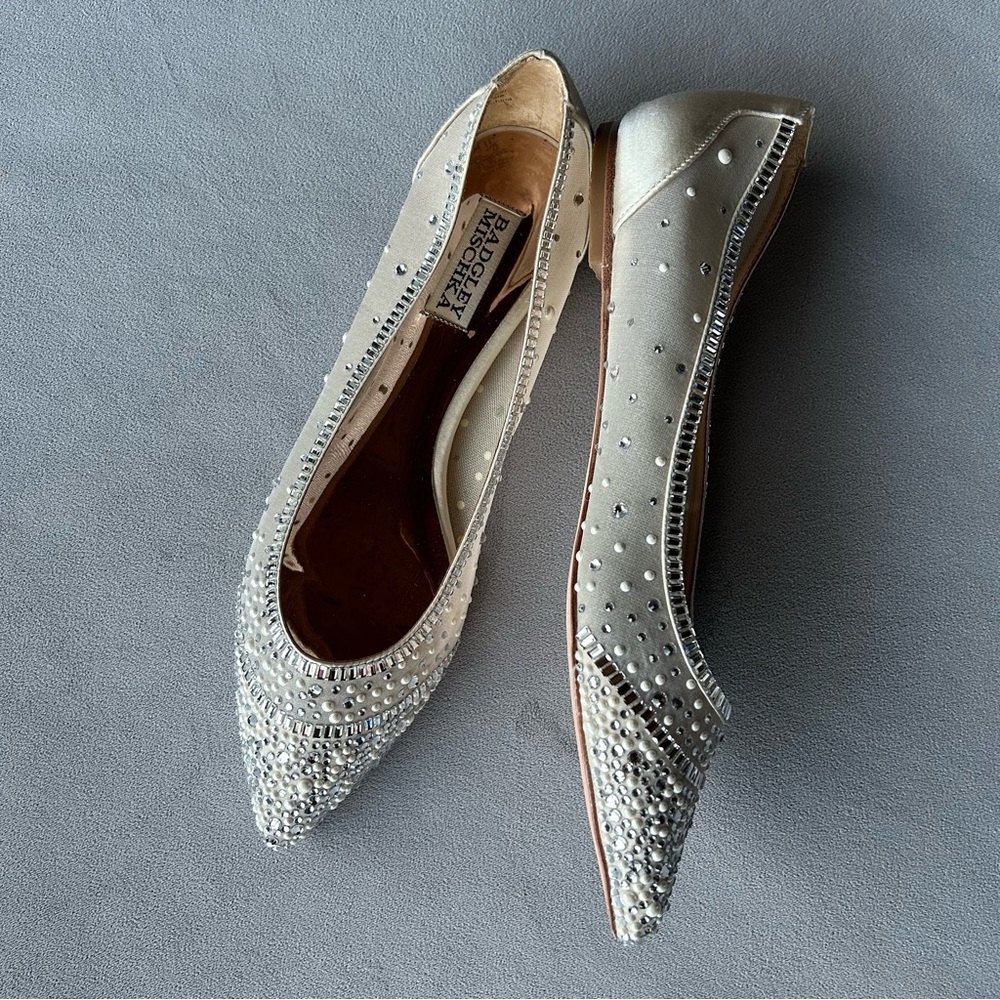 Badgley Mischka ~ Babette ~ Bejeweled Mesh Flat ~ Ivory Satin ~ Womens Size 8 - Picture 5 of 17